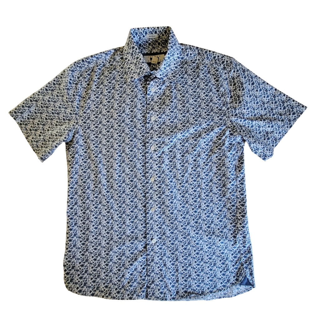 Classic Joseph Abboud Button Down Mens M Blue Floral Non-Iron Short Sleeve Shirt